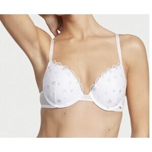 Victoria’s Secret White Silver Star Mesh Push Up Bra 32A NEW Celestial Print